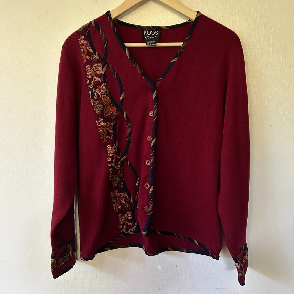 Koos of Course Cardigan Womens Medium Red Floral VTG Knit Sweater Button Front